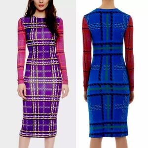HOUSE OF HOLLAND sz 2 Midi Bodycon Dress Long Sleeve Pink Purple Blue Plaid